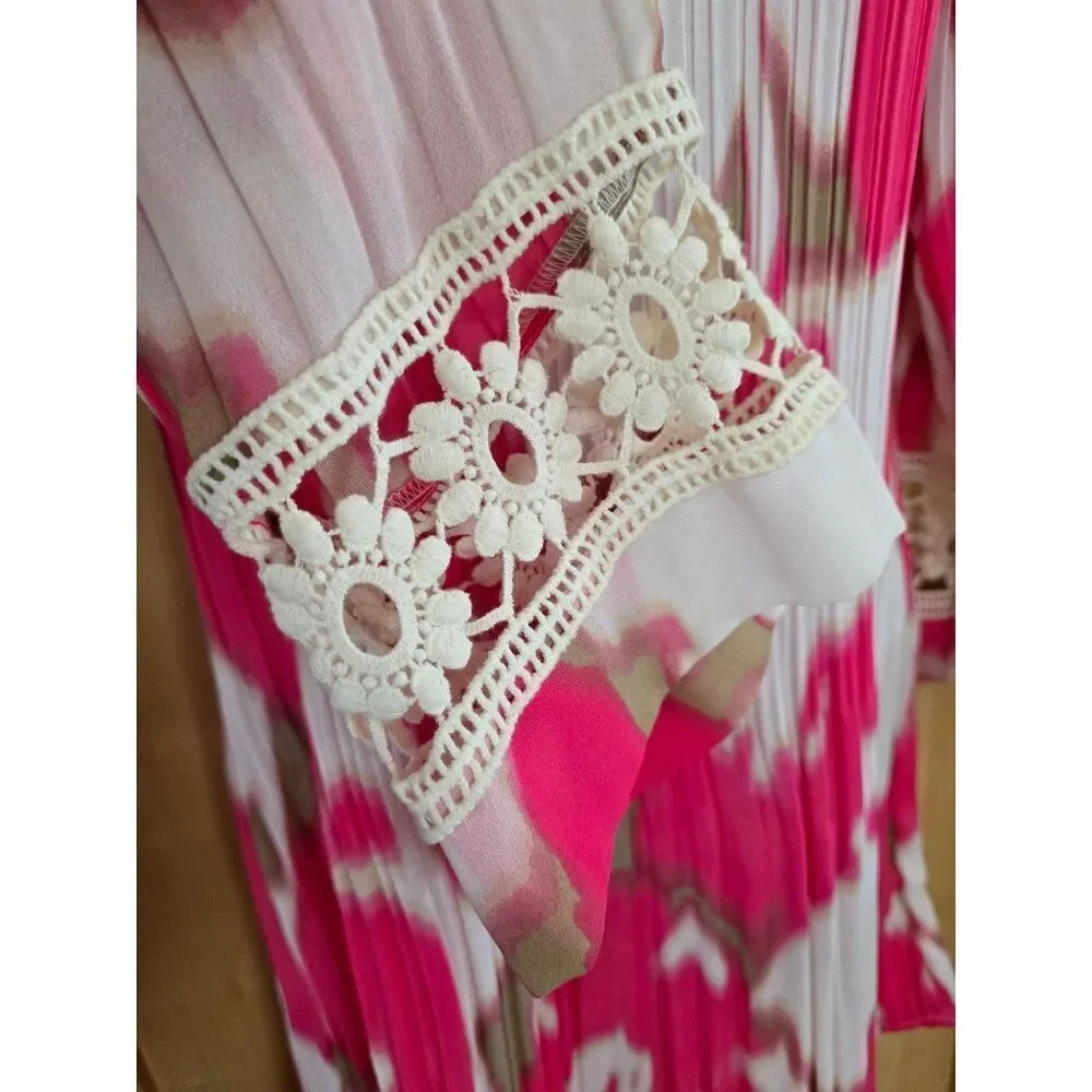Pleated Floral Top Crochet Details & 3/4 Sleeves boho hippie core fairycore - Picture 3 of 6